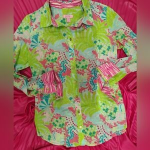 LILLY PULITZER GECKO BUBBLES TOP LONG SLEEVE BUTTON UP sz 8 STRIPED CUFFS COLLAR